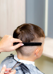Serious school boy ready getting trendy haircut from expirienced barber at fashionable hairdressing salon.
