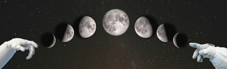 Hands point to the phases of the Moon: waxing crescent, first quarter, waxing gibbous, full moon, waning gibbous, third guarter, waning crescent, new moon. Elements of this image furnished by NASA.