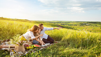 Beautiful family together on a picnic outdoors in meadow - obrazy, fototapety, plakaty