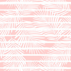 Fototapeta na wymiar Tropical pattern, palm leaves seamless vector floral background. Exotic plant on stripes. spring nature jungle print. Leaves of palm tree on paint lines. ink brush strokes. pink girly pattern.
