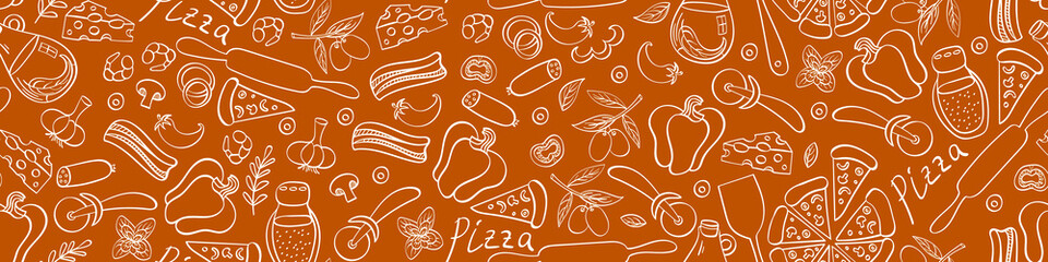Pizza with ingredients and supplies hand drawn seamless border. Food doodles on brown background. Vector illustration.