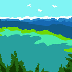 Vector drawing of a beautiful blue lake in the mountains in a flat style.