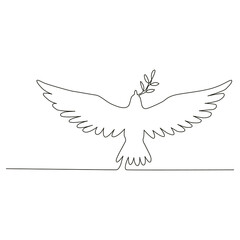 Vector one line drawing of a dove on a white isolated background, flat style. Symbol, love, bird, packaging, gifts, holiday, postcard, decoration.