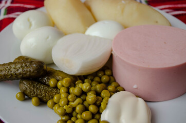 Ready-made products for cutting into Olivier salad. Step by step recipe.