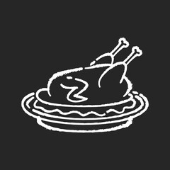 Peking duck chalk white icon on black background. Whole roasted chicken with gravy for thanksgiving. Beijing traditional dish recipe. Cooked poultry meat. Isolated vector chalkboard illustration
