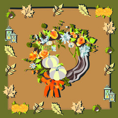 Obraz na płótnie Canvas Wreath with flowers and pumpkins on a beige backgraund