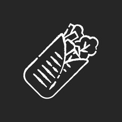 Shawarma chalk white icon on black background. Arabian fast food. Meat wrapped with lettuce. Mexican taco. Traditional cuisine. National dish. Isolated vector chalkboard illustration