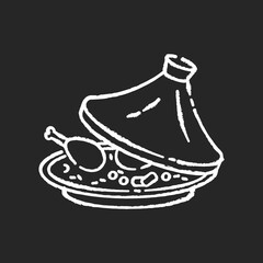 Tagine chalk white icon on black background. National dish in authentic crockery. Food cooked in pot. African maraq. Moroccan chicken with rice garnish. Isolated vector chalkboard illustration