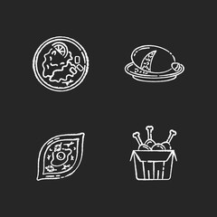 Fast food chalk white icons set on black background. Scottish haggis. Wiener schnitzel. Georgian khachapuri. Tandoori chicken. Fried junk food. Isolated vector chalkboard illustrations