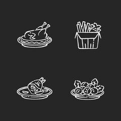 National cookery chalk white icons set on black background. Fast food. Peking duck. British fish and chips. Falafel dish. Recipe and ingredient for meal. Isolated vector chalkboard illustrations