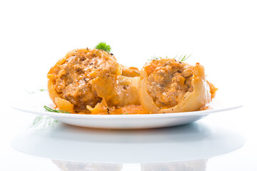 stuffed with meat and rice with roasted pepper sauce