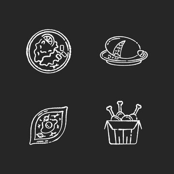 Fast food chalk white icons set on black background. Scottish haggis. Wiener schnitzel. Georgian khachapuri. Tandoori chicken. Fried junk food. Isolated vector chalkboard illustrations