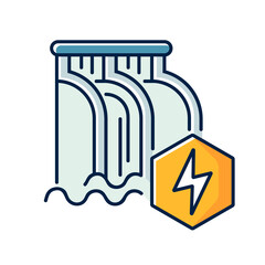 Hydroelectric power station RGB color icon. Alternative energy, hydropower. Eco friendly electricity generation technology. Water dam isolated vector illustration