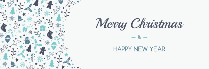 Christmas banner with festive icons. Concept of Xmas decoration. Vector