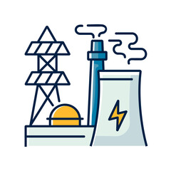 Energy industry RGB color icon. Electricity manufacturing, environment pollution technology. Modern power plant, electric station isolated vector illustration