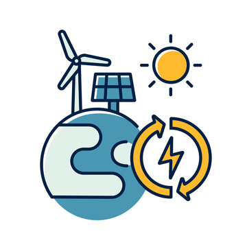 recommend clip art: Renewable energy RGB color icon. Alternative power generation sources. Environment protection. Planet with solar panel and wind turbine isolated vector illustration