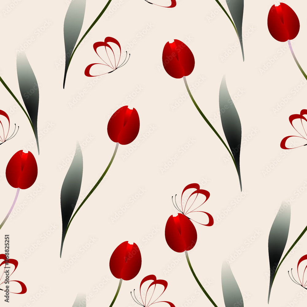 Canvas Prints seamless pattern with red tulips and butterflies on a beige background.