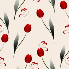 Seamless pattern with red tulips and butterflies on a beige background.