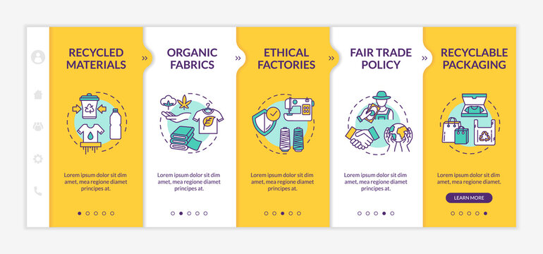Ethical manufacturer onboarding vector template. Recycled material. Fair trade policy. Recyclable packaging. Responsive mobile website with icons. Webpage walkthrough step screens. RGB color concept