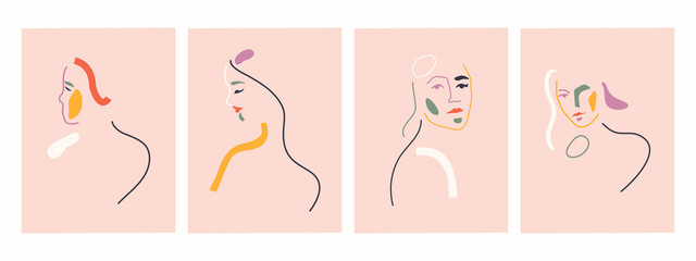 Set of hand drawn female portraits in abstract shapes. Trendy vector illustration.