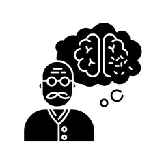 Dementia black glyph icon. Alzheimer from aging. Senior man with neurological disability. Loss of memory. Brain damage in elderly person. Silhouette symbol on white space. Vector isolated illustration