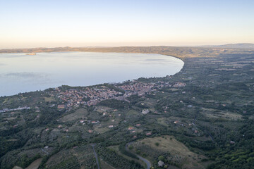 Aerial view of Lake Bolsena. A volcanic lake in Viterbo province