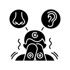 Sensory sensitivity black glyph icon. Trigger for perception. Physical response to smell, noise. Irritated person with mental disorder. Silhouette symbol on white space. Vector isolated illustration
