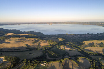 Aerial view of Lake Bolsena. A volcanic lake in Viterbo province