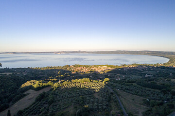 Aerial view of Lake Bolsena. A volcanic lake in Viterbo province