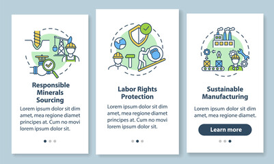 Sustainable manufacture onboarding mobile app page screen with concepts. Responsible corporation walkthrough 3 steps graphic instructions. UI vector template with RGB color illustrations