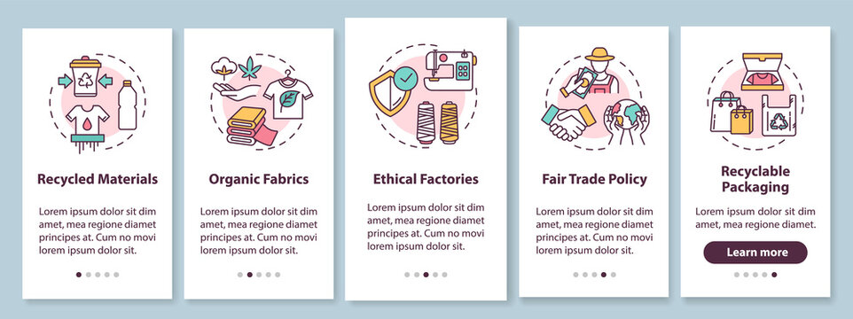 Ethical production onboarding mobile app page screen with concepts. Recycled material. Fair trade walkthrough 5 steps graphic instructions. UI vector template with RGB color illustrations