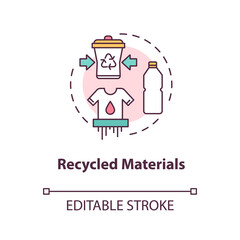 Recycled materials concept icon. Produce supply from plastic. Conscious consumption. Ecological production idea thin line illustration. Vector isolated outline RGB color drawing. Editable stroke