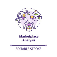 Marketplace analysis concept icon. Financial report. Commercial research. Information assessment idea thin line illustration. Vector isolated outline RGB color drawing. Editable stroke