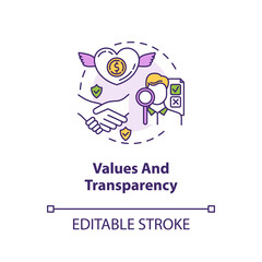 Values and transparency concept icon. Company reliability. Company culture. Core corporate ethics idea thin line illustration. Vector isolated outline RGB color drawing. Editable stroke
