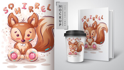 Cute squirrel poster and merchandising. © rwgusev