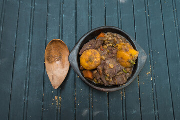 Beef stew with carrots. Top view.