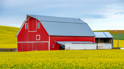 Classic red barn in a yellow field of blooming Canola © knowlesgallery