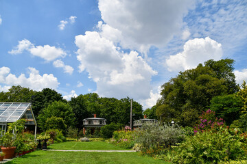 Obraz premium Landscape of a large flower garden with puffy clouds