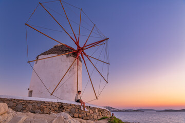 View of Mykonos and the famous windmill from above, Mykonos island, Cyclades, Greece
