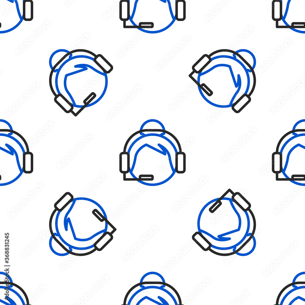 Poster line woman with a headset icon isolated seamless pattern on white background. support operator in to
