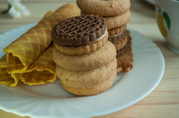 waffle rolls and cookies for tea, breakfast