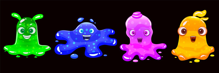 Set Slime jelli monsters characters, liquid yellow green violet blue creatures