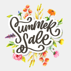 Trendy floral vector template. Summer flowers and Summer sale lettering illustration. Shabby gold texture on striped background.