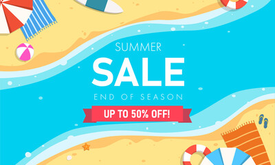 Summer sale end of season banner template. Tropical beach top view.