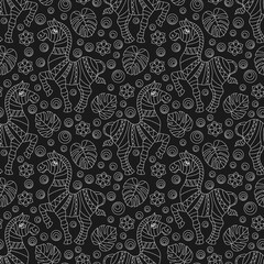 Seamless pattern with zebras,   animals, flowers and leave,light contour images on a dark background