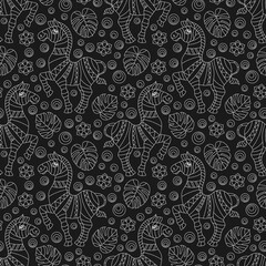 Seamless pattern with zebras,   animals, flowers and leave,light contour images on a dark background