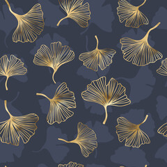 Gold ginkgo biloba seamless pattern, vector background with leaves of ginkgo bilboa, leaf pattern