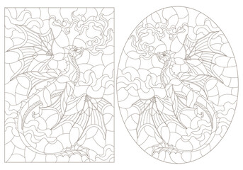 Set of contour illustrations in stained glass style with flying dragons on the background of cloudy sky, dark contours on a white background
