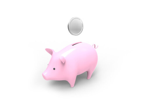 3D rendered image of Piggy bank savings with Silver coin
