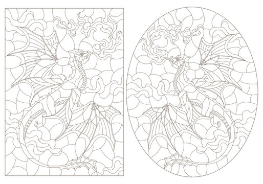 Set of contour illustrations in stained glass style with flying dragons on the background of cloudy sky, dark contours on a white background